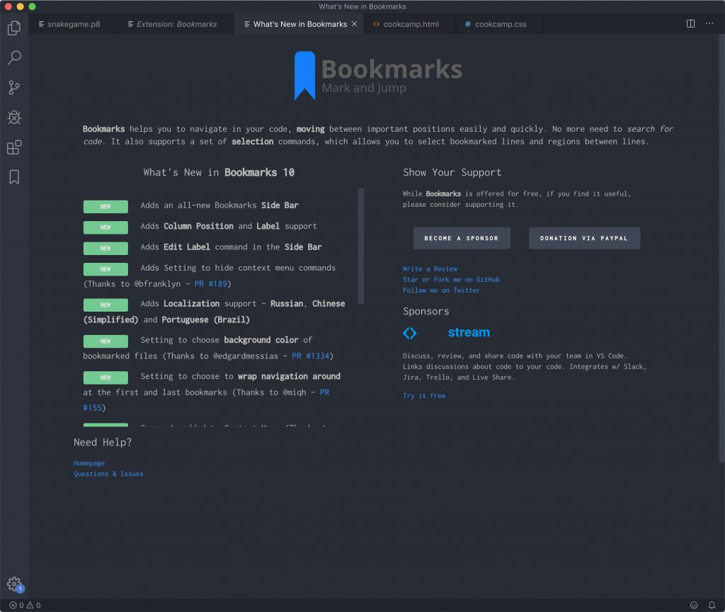 Visual Studio Code Bookmarks